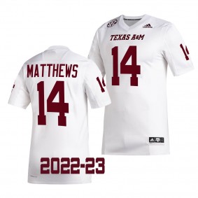 Texas A&M Aggies Jacoby Matthews Jersey 2022-23 College Football White #14 Men's Shirt