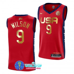 2022 FIBA Womens Basketball World Cup Champions USA A'ja Wilson Golden Red #9 Jersey