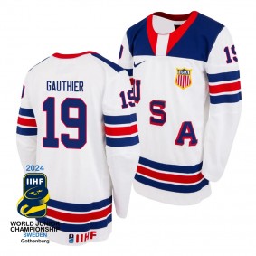 USA Hockey Cutter Gauthier White 2024 IIHF World Junior Champions Jersey