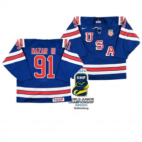 Frank Nazar III #91 USA Hockey 2024 IIHF World Junior Champions Jersey Blue
