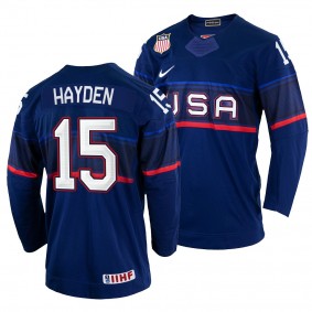 USA Hockey John Hayden #15 Navy Away Jersey 2022 IIHF World Championship