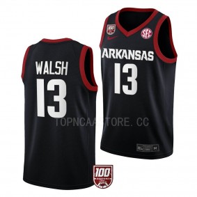 Arkansas Razorbacks Jordan Walsh Black #13 College Basketball Jersey 2022-23 100 Season