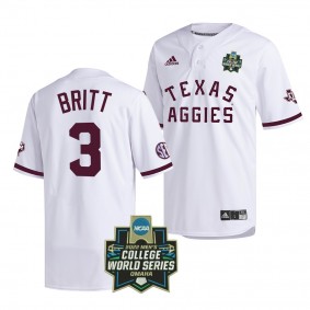 Texas A&M Aggies Logan Britt 2022 College World Series Baseball White #3 Jersey